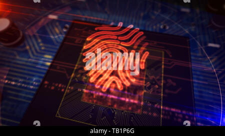 Cyber security concept with fingerprint hologram over working cpu in background. Concept of personal authentication technology, identity and biometric Stock Photo