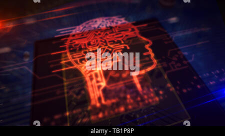 Artificial intelligence, deep machine learning, cybernetic brain and analysing concept with ai head hologram over working cpu in background. Circuit b Stock Photo