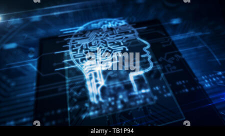 Artificial intelligence, deep machine learning, cybernetic brain and analysing concept with ai head hologram over working cpu in background. Circuit b Stock Photo