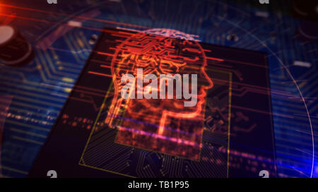 Artificial intelligence, deep machine learning, cybernetic brain and analysing concept with ai head hologram over working cpu in background. Circuit b Stock Photo
