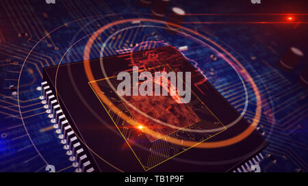 Artificial intelligence, deep machine learning, cybernetic brain and analysing concept with ai head hologram over working cpu in background. Circuit b Stock Photo