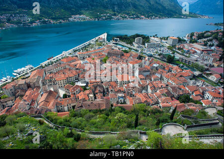 Looking down upon the fortified port town of Kotor from the ancient ...