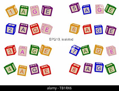 Age line,  numbers of ages. Illustration for books or posters. Numbers and text on blocks or child cubes. Stock Vector