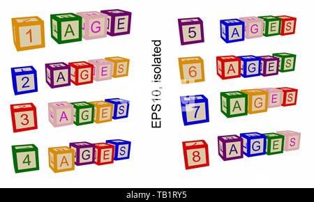 Age line,  numbers of ages. Illustration for books or posters. Numbers and text on blocks or child cubes. Stock Vector