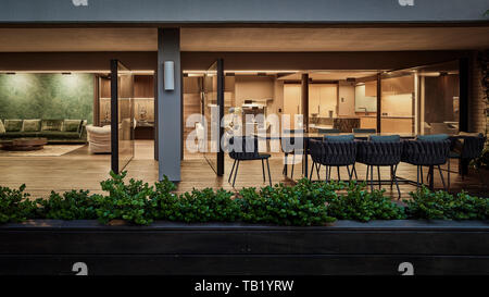 Looking inside from outdoor terrace area. Elizabeth Bay Apartment, Elizabeth Bay, Australia. Architect: Rolf Ockert Architect, 2019. Stock Photo
