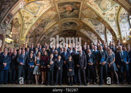Munich, Germany. 29th May, 2019. Markus Söder (CSU), Minister President of Bavaria, is standing together with all other award winners for a group picture after the award of the Christophorus Medal in the Antiquarium of the Residenz. Credit: Peter Kneffel/dpa/Alamy Live News Stock Photo