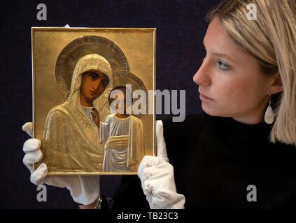 Bonhams, New Bond Street, London, UK. 29th May 2019. Preview of The Russian Sale, taking place on 5th June 2019. Image: The Mother of God of Kazan, Morozov, St Petersburg. Estimate £5,000-7,000. Credit: Malcolm Park/Alamy Live News Stock Photo