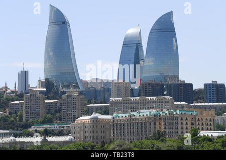 29 May 2019, Azerbaijan, Baku: View on the skyline of Baku with the three Flame Towers, a modern landmark of the city. The capital of Azerbaijan is located on the Caspian Sea and has about two million inhabitants. Photo: Arne Dedert/dpa Stock Photo
