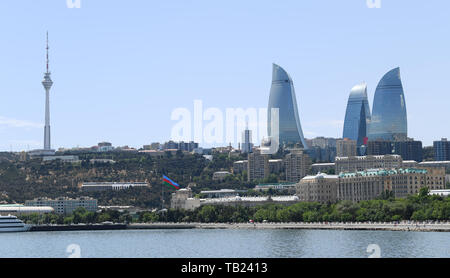 Baku, Azerbaijan. 29th May, 2019. View on the skyline of Baku with the three Flame Towers, a modern landmark of the city. The capital of Azerbaijan is located on the Caspian Sea and has about two million inhabitants. Credit: Arne Dedert/dpa/Alamy Live News Stock Photo