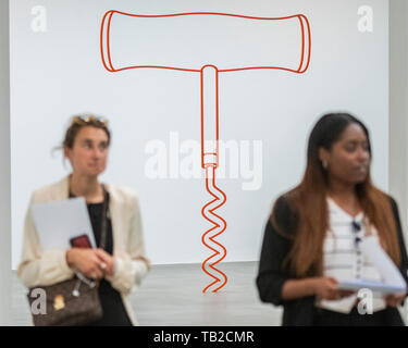 London, UK. 30th May, 2019. Corkscrew (orange) 2019 - British conceptual artist Michael Craig-Martin has a new exhibition called Sculpture, opening at Gagosian and featuring monumental sculptures of everyday objects. Credit: Guy Bell/Alamy Live News Stock Photo