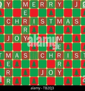 Merry Christmas and Joy white words on patchword style red, green tiles with Christmas trees. Seamless vector pattern on gold background. Perfect for Stock Vector