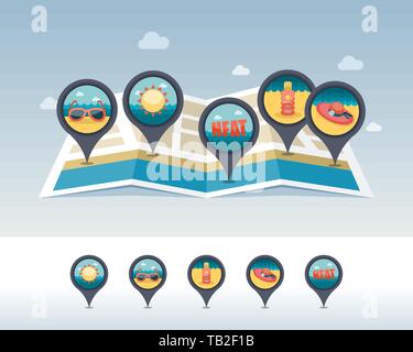 Beach heat, sunglasses, hat, sun and sunscreen pin map icon located on map. Summertime Map pointer. Map markers. Vacation, eps 10 Stock Vector