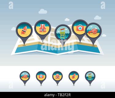 Beach lifebuoy, medical kit, lifeguard, torpedo and whistle pin map icon located on map. Summertime Map pointer. Map markers. Vacation, eps 10 Stock Vector