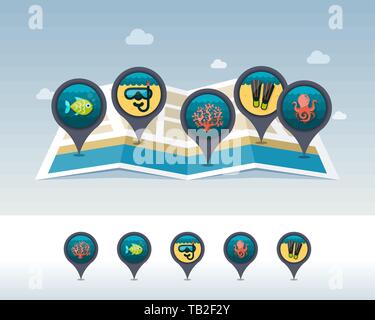 Octopus vector pin map icon Map - Diving Flipper Mask And Tube Fish Octopus And Coral Pin Map Icon Located On Map Summertime Map Pointer Map Markers Vacation Eps 10 Tb2f2y 