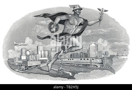 allegorical representation, Hermes, messenger of the Gods running in front of a modern cityscape, US-american railroad company based in Philadelphia, Penn Central Company, PC, 1970, Pennsylvania, USA, owned by Credit Suisse, Stock Photo