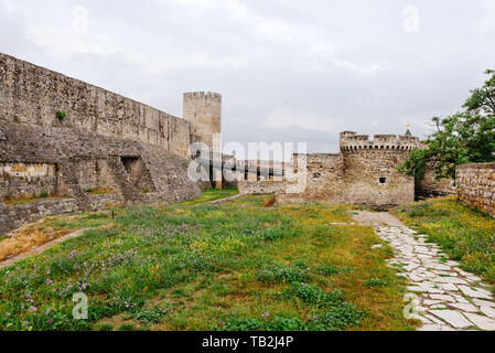 Belgrade, Serbia - June 16, 2018. Belgrade fortress Kalemegdan with stone towers, and fortification walls. Serbian medieval citadel with grass and flo Stock Photo