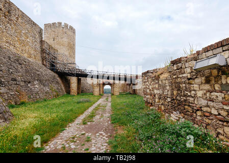 Belgrade, Serbia - June 16, 2018. Belgrade fortress Kalemegdan, fortification walls with ruins, bridge and tower buildings. Serbian medieval citadel,  Stock Photo