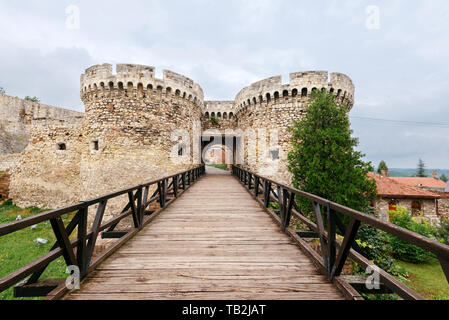 Belgrade, Serbia - June 16, 2018. Belgrade fortress Kalemegdan fortification walls with round towers of Zindan or Prison gates. Serbian medieval citad Stock Photo