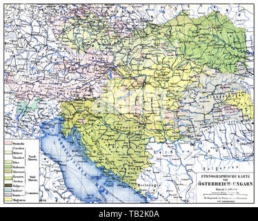 Historical ethnological map of Austria-Hungary, Dual Monarchy or kuk monarchy, for the period between 1867 and 1918, ethnic groups such as Germans, Slovaks, Moravians, Czechs, Poles, Serbs, Croats etc, 19th Century, Historische, zeichnerische Darstellung, Landkarte, Plan, Ethnologische Karte von  von Österreich-Ungarn, oder k. u. k. Doppelmonarchie oder Donaumonarchie für den Zeitraum zwischen 1867 und 1918, Volkgruppen wie Deutsche, Slovaken, Mährer, Czechen, Polen, Serben, Kroaten, etc., 19. Jahrhundert, aus Meyers Konversations-Lexikon, 1889 Stock Photo