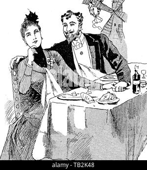 Vintage caricature: couple with dreaming eyes in holiday at dinner Stock Photo