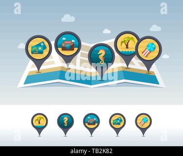 Beach lounge chaise and umbrella, post card, palm tree, photo camera and seahorse pin map icon located on map. Summertime Map pointer. Map markers. Va Stock Vector