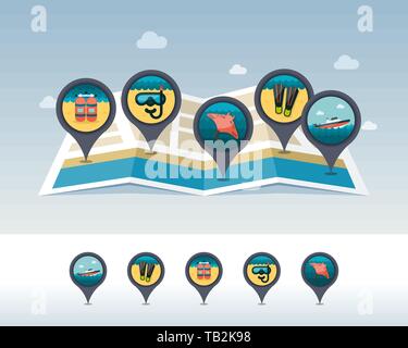 Speed boat, dive oxygen tank, diver mask and tube, ramp and diving flipper pin map icon located on map. Summertime Map pointer. Map markers. Vacation, Stock Vector
