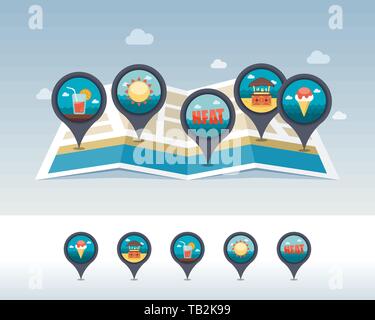 Beach bar bungalow, sun, ice cream, cocktail and heat pin map icon located on map. Summertime Map pointer. Map markers. Vacation, eps 10 Stock Vector