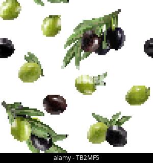 Vector seamless pattern with ripe black and green olives on white. Background design for olive oil, natural cosmetics. Best for wrapping paper. Stock Vector