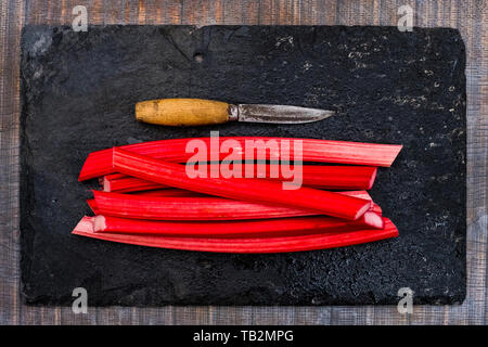 High angle close up of rhubarb stalks and knife on black slate. Stock Photo