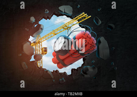3d rendering of hoisting crane carrying dynamite bundle with time bomb and breaking wall leaving hole in it with blue sky seen through. Stock Photo