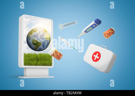 3d rendering of vertical billboard with earth globe poster and first aid box, medical pills jars, syringe and thermometer flying out on blue Stock Photo