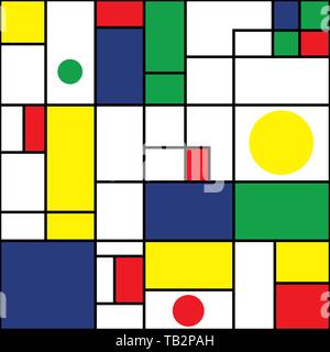 Blue, green, red, yellow rectangles and circles with black outlines. Seamless modern abstract vector pattern on white background. Great for wellness Stock Vector