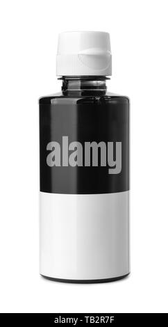 Front view of black  printer ink bottle with blank label isolated on white Stock Photo