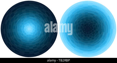 Set of 2 bright abstract blue and cyan radial gradient circles isolated on white background. Texture with circular pixel blocks. Vivid round mosaic Stock Photo