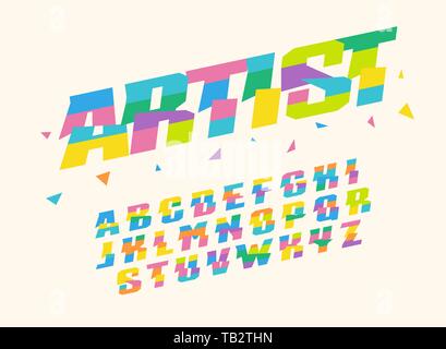 Colored paper triangles and stripes Vector alphabet. Bright, colorful, childish font for decorating holiday, anniversary, birthday or art festival and Stock Vector