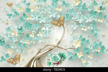 3d wallpaper abstract floral background with green flowers and golden butterfly Stock Photo