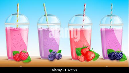 Smothie set with fresh berries raspberry, blueberry, strawberry,blackberry. Juice in plastic cup.Mug of fruity organic shake.Mixed cocktail.Natural Ve Stock Vector