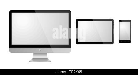 Set of devices on white background. Vector illustration. Realistic monitor, tablet and smartphone Stock Vector