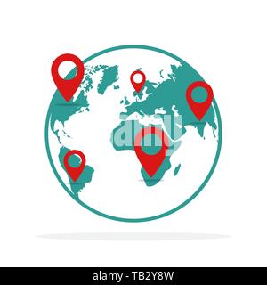 Planet Earth with location symbols. Vector illustration. Concept of navigation. Earth with GPS pointers Stock Vector