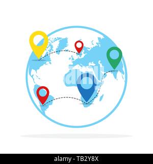 Planet Earth with location symbols. Vector illustration. Concept of navigation. Earth with GPS pointers Stock Vector