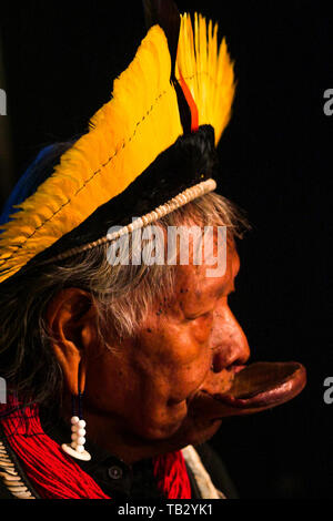 Portrait of Brazil's indigenous chief Raoni Metuktire, Lyon, France Stock Photo