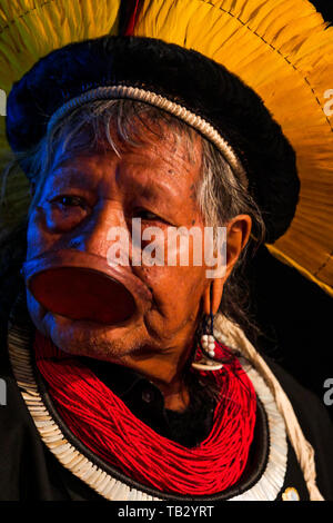 Portrait of Brazil's indigenous chief Raoni Metuktire, Lyon, France Stock Photo