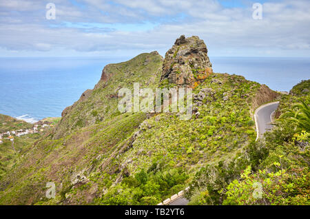 Anaga Rural Park scenic mountain landscape with Atlantic Ocean in distance, Tenerife, Spain.