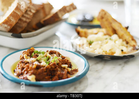 Turkish breakfast with various plates on a table Stock Photo