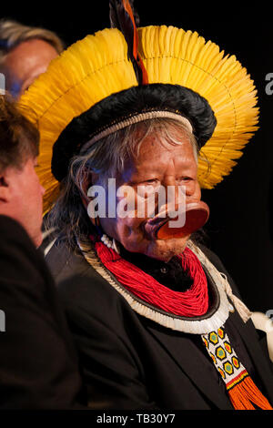 Portrait of Brazil's indigenous chief Raoni Metuktire, Lyon, France Stock Photo