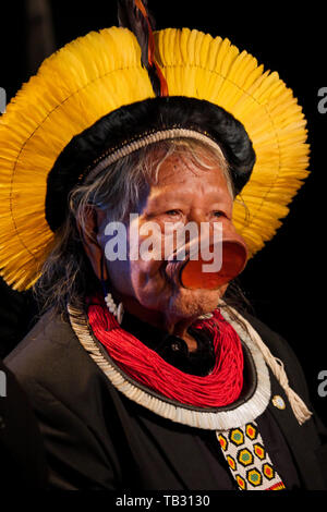 Portrait of Brazil's indigenous chief Raoni Metuktire, Lyon, France Stock Photo