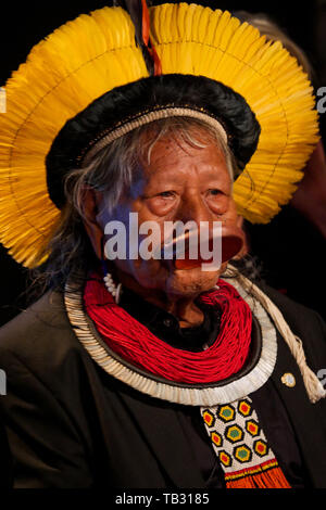 Portrait of Brazil's indigenous chief Raoni Metuktire, Lyon, France Stock Photo