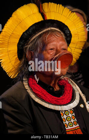 Portrait of Brazil's indigenous chief Raoni Metuktire, Lyon, France Stock Photo