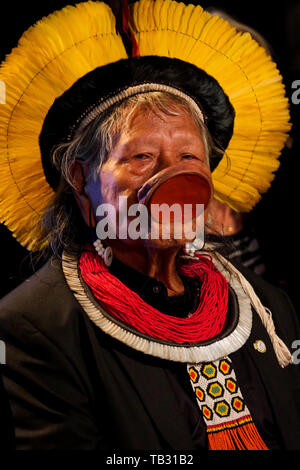 Portrait of Brazil's indigenous chief Raoni Metuktire, Lyon, France Stock Photo