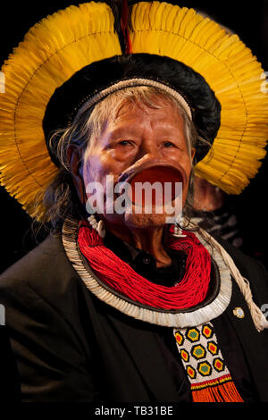 Portrait of Brazil's indigenous chief Raoni Metuktire, Lyon, France Stock Photo